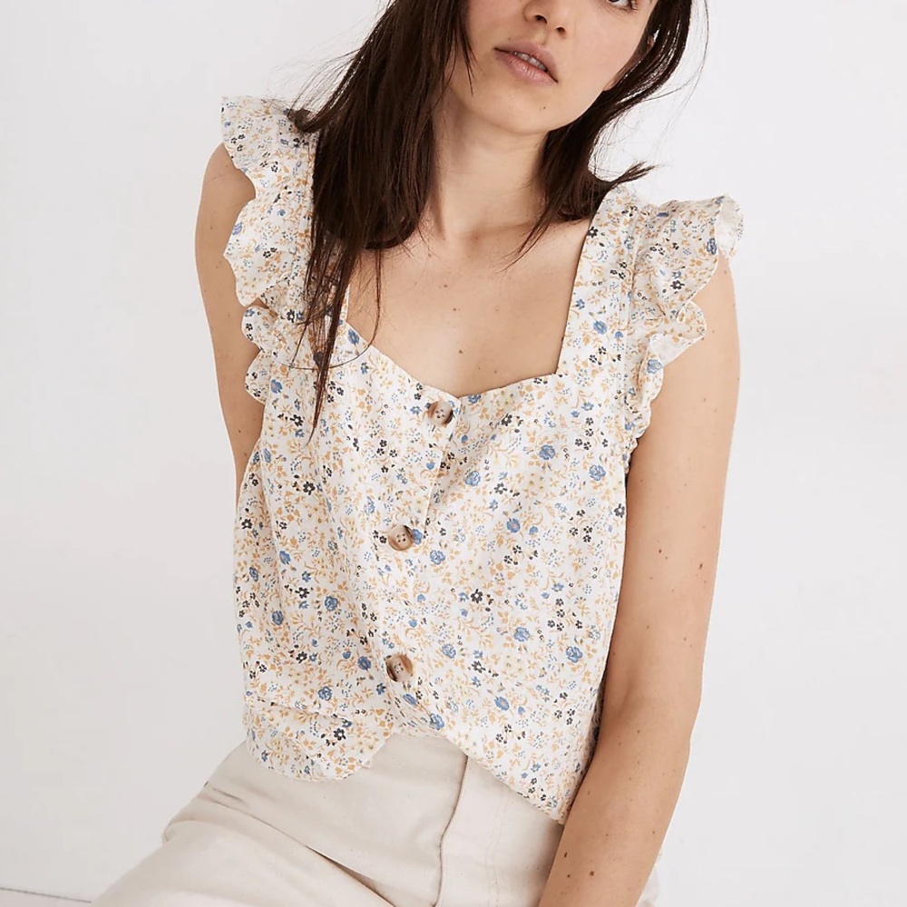 Madewell Linen Blend Floral Ruffle Top